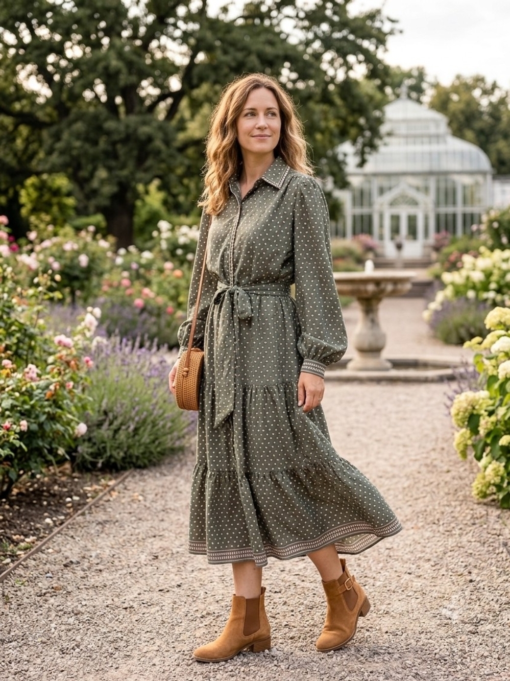 Max Studio Olive Green Polka Dot Tie-Waist Midi Dress